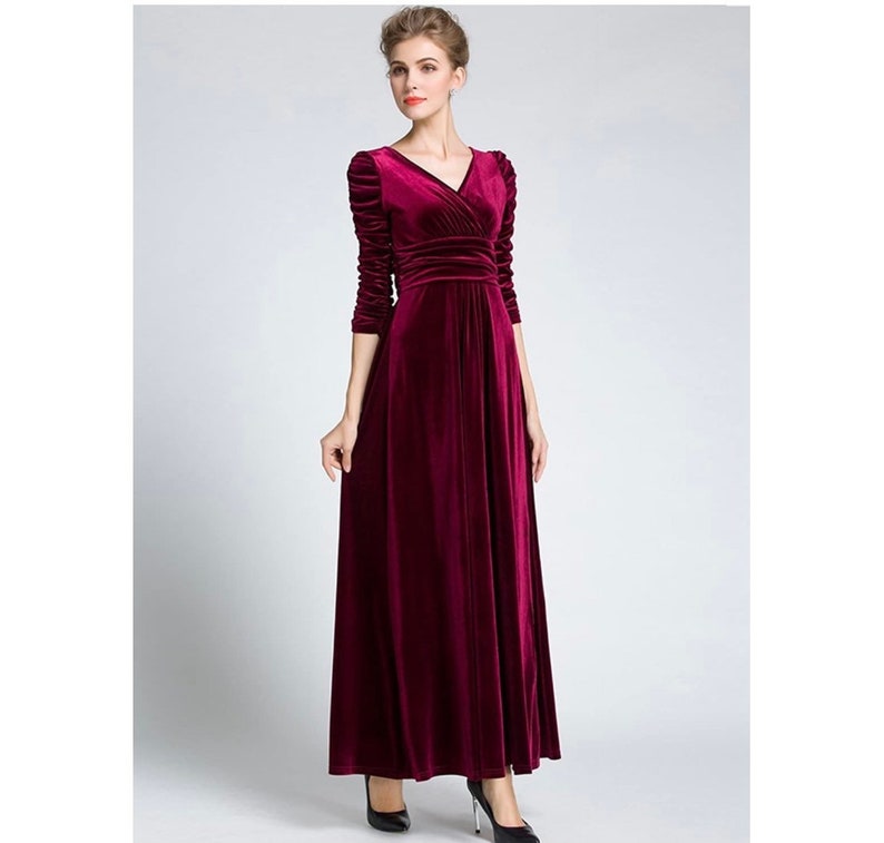 Velvet V-Neck Long Sleeve Maxi Dress