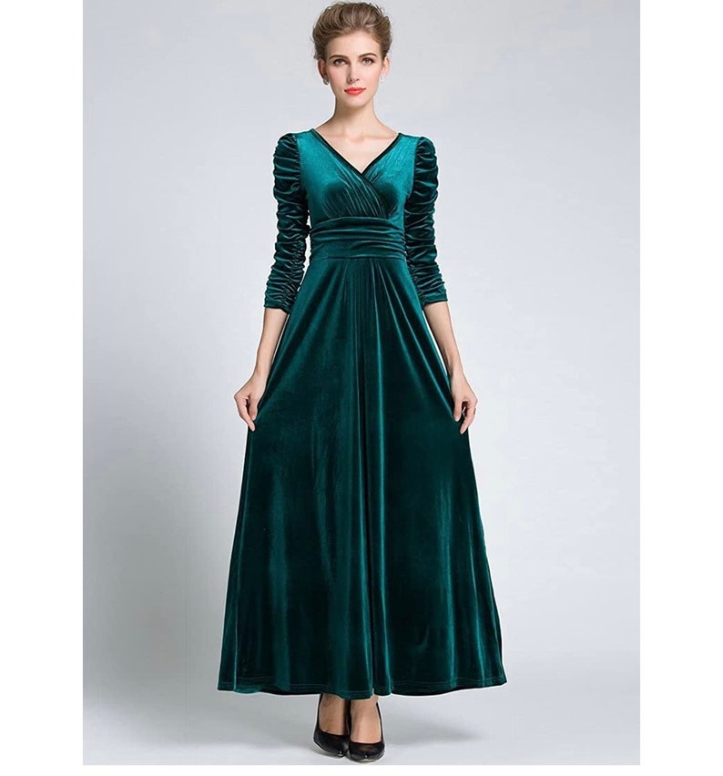 Sexy V Neck Maxi Long Velvet Evening Dark Green Dress