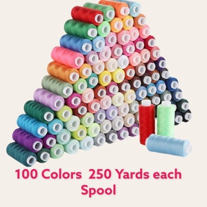 May include: A collection of 100 spools of thread, each containing 250 yards of thread. The spools are arranged in a pyramid shape and are in a variety of colors.