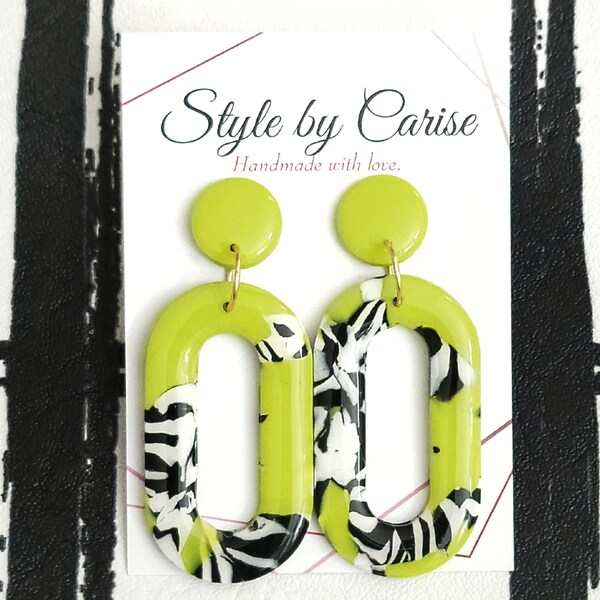 Lime green statement earrings-black white and lime-summer earrings-neon-bright-summer-color pop-polymer clay-