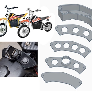 May include: Two electric dirt bikes, one yellow and black, the other red and black, both with the number 4. A close-up shows a key ignition and switch. Also, several grey, curved, and circular-holed metal parts.