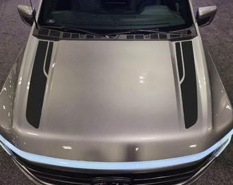 May include: Overhead view of a gray car hood with black racing stripes. The hood features two parallel black stripes with a curved design, running from the front to the windshield. The car's front end is visible, with a light blue accent.