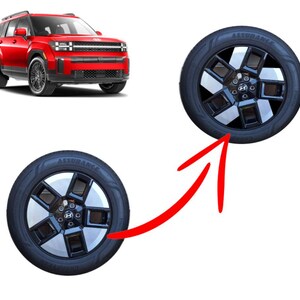 May include: A red SUV with black wheels and a close-up of a black and silver car wheel. The tyre has the word "ASSURANCE" printed on it. The wheel has a silver centre with black accents.