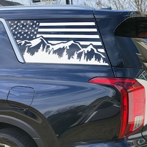 American Flag + mountain peaks and pine trees vinyl decal sticker for Hyundai Palisade for 2019 2020 2021 2022  - 2025