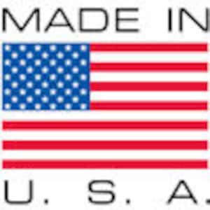 May include: A rectangular sticker with the text "MADE IN U.S.A." and a depiction of the American flag. The flag features a blue field with white stars and red and white stripes.