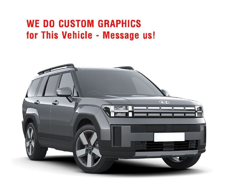May include: A gray SUV with black trim and silver wheels is shown against a white background. The text "WE DO CUSTOM GRAPHICS for This Vehicle - Message us!" is displayed in red at the top of the image. The vehicle has a modern design.