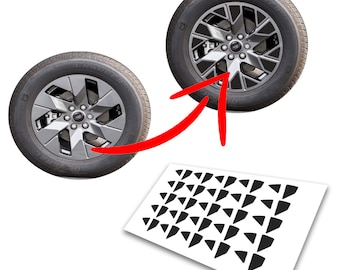 May include: A set of black vinyl decals for car wheels. The decals are shaped like triangles and are arranged in a grid pattern. The decals are designed to be applied to the spokes of the wheels, creating a custom look.