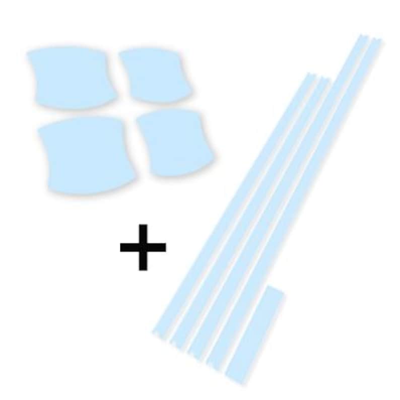 May include: A graphic illustration featuring four light blue, cloud-shaped elements, a black plus sign, and several light blue, rectangular strips. The elements are arranged against a white background.