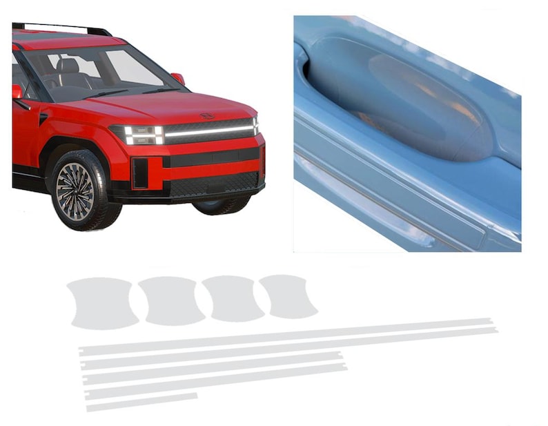May include: A red SUV with black accents, a black roof rack, and black wheels. The image also shows a close-up of a blue car door handle and a set of white protective film strips for the car.