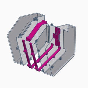 May include: A 3D rendering of a transparent gray container with magenta-colored internal supports and hinges. The design features a series of curved magenta bars and rectangular panels, suggesting a complex mechanical structure.