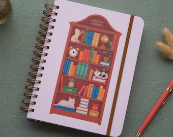 A5 Hardcover Reading Journal: Bookshelf & Cat Illustration, Book Tracker and Planner