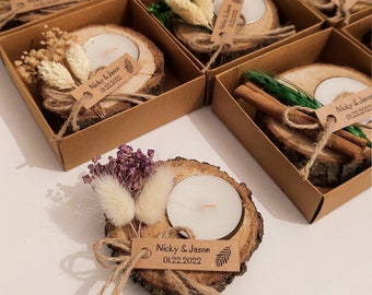 10 dragées de mariage pour invités, bougies en gros, cadeau pour invitée à un mariage, photophore en bois personnalisé, dragées en bois rustique