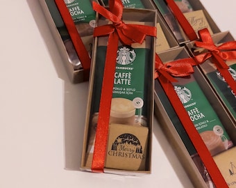 Starbucks Coffee Chocolate Christmas Favor Box, Red Ribbon, Personalized Label