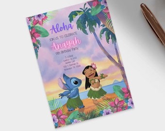 May include: A colorful invitation for a 9th birthday party with a tropical theme. The invitation features Stitch and Lilo from the Disney movie Lilo & Stitch. The text on the invitation reads "Aloha Join us to celebrate Anayah 9th Birthday Party 5 o'dock MARCH 26, 2022 Jasmine Cafe 800 S Sherman St Richardson TX 7508"