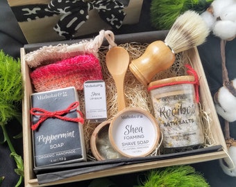 All Natural Shave, Soak & Wash Body Care Set | Zero Waste Gift Box | Father's Day Gift | Self Care Box| Wood Reusable Gift Box