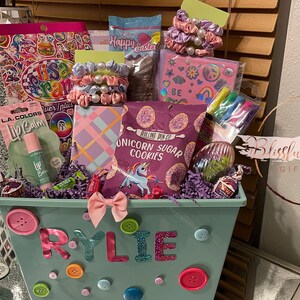 Unicorn Bow & Button theme gift basket | Unicorn gift baskets| Birthday basket for girls | Unicorn Girls gift basket image 1
