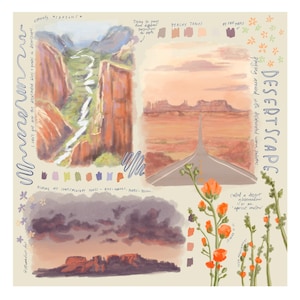 Puede incluir: Obra de arte digital titulada "DESERTSCAPE" con bocetos de cañones, una carretera y paisajes desérticos. La obra presenta tonos melocotón, colores complementarios y el texto "apricot mallow."