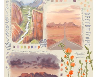 May include: A digital art piece titled "DESERTSCAPE" with sketches of canyons, a road, and desert landscapes. The artwork features peachy tones, complementary colors, and text that reads "apricot mallow."