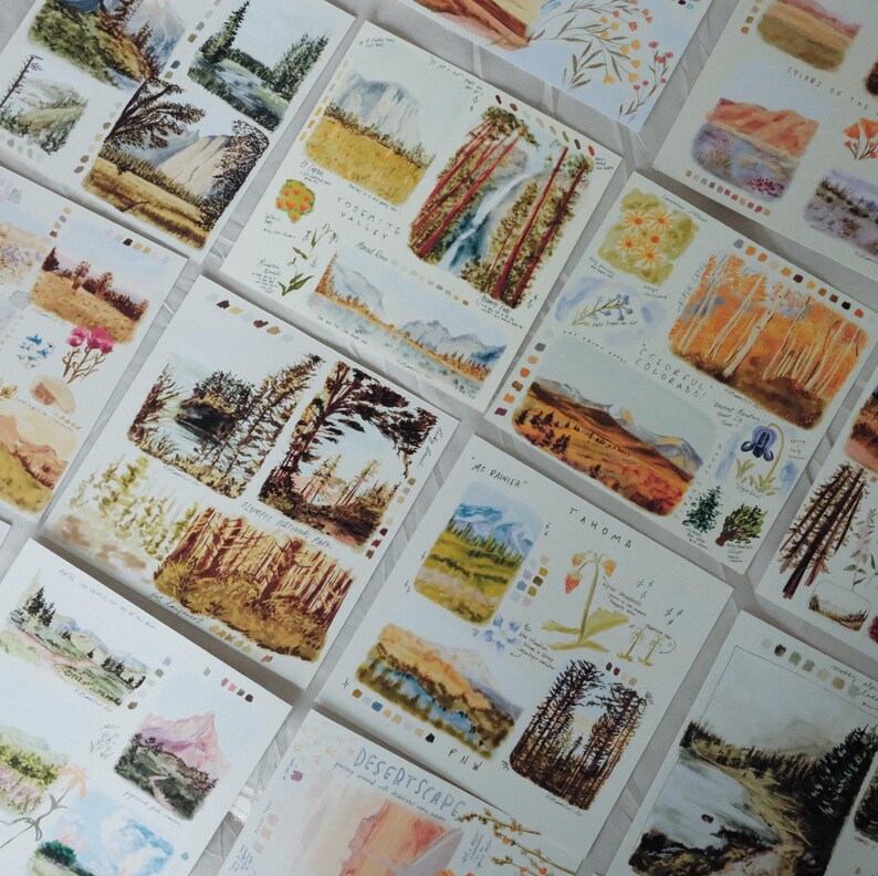 Puede incluir: Una colecci&oacute;n de grabados art&iacute;sticos en acuarela con escenas de paisajes. Los grabados representan bosques, monta&ntilde;as y cuerpos de agua, con texto manuscrito y paletas de colores. La paleta de colores incluye verdes, marrones, azules y amarillos.