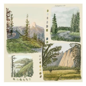 Puede incluir: Impresión artística digital que presenta cuatro escenas de paisajes. La obra de arte muestra montañas, árboles y una carretera sinuosa, con una paleta de colores apagados de verdes, azules y marrones. Se incluye una muestra de color.