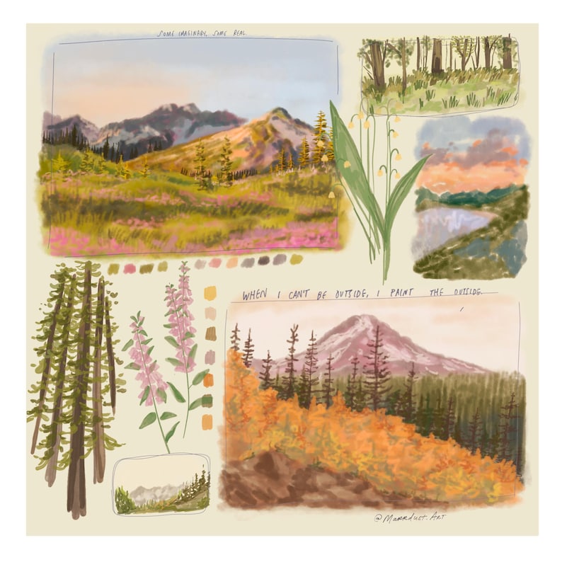 Puede incluir: Una colecci&oacute;n de bocetos de paisajes con monta&ntilde;as, bosques y flores. La paleta de colores incluye verdes, rosas y naranjas. El texto dice: "Cuando no puedo estar afuera, pinto el exterior."