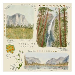 Puede incluir: Ilustración en acuarela del Valle de Yosemite con El Capitán, las Cataratas de Yosemite y el río Merced. La obra de arte incluye etiquetas de texto y muestras de color, que representan la belleza natural de la zona.