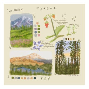 May include: An artistic illustration featuring scenes of the Pacific Northwest. The artwork includes depictions of Mt. Rainier, alpine strawberries, blue columbine, and a forest scene. Text includes "MT. RAINIER", "TAHOMA", and "PNW".