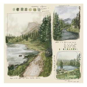 Puede incluir: Ilustración artística de un paisaje con un lago, árboles y montañas. La obra de arte incluye el texto "moody alpine lakes + rivers" y "Trying to bur warm & cool griffin together cohesively".