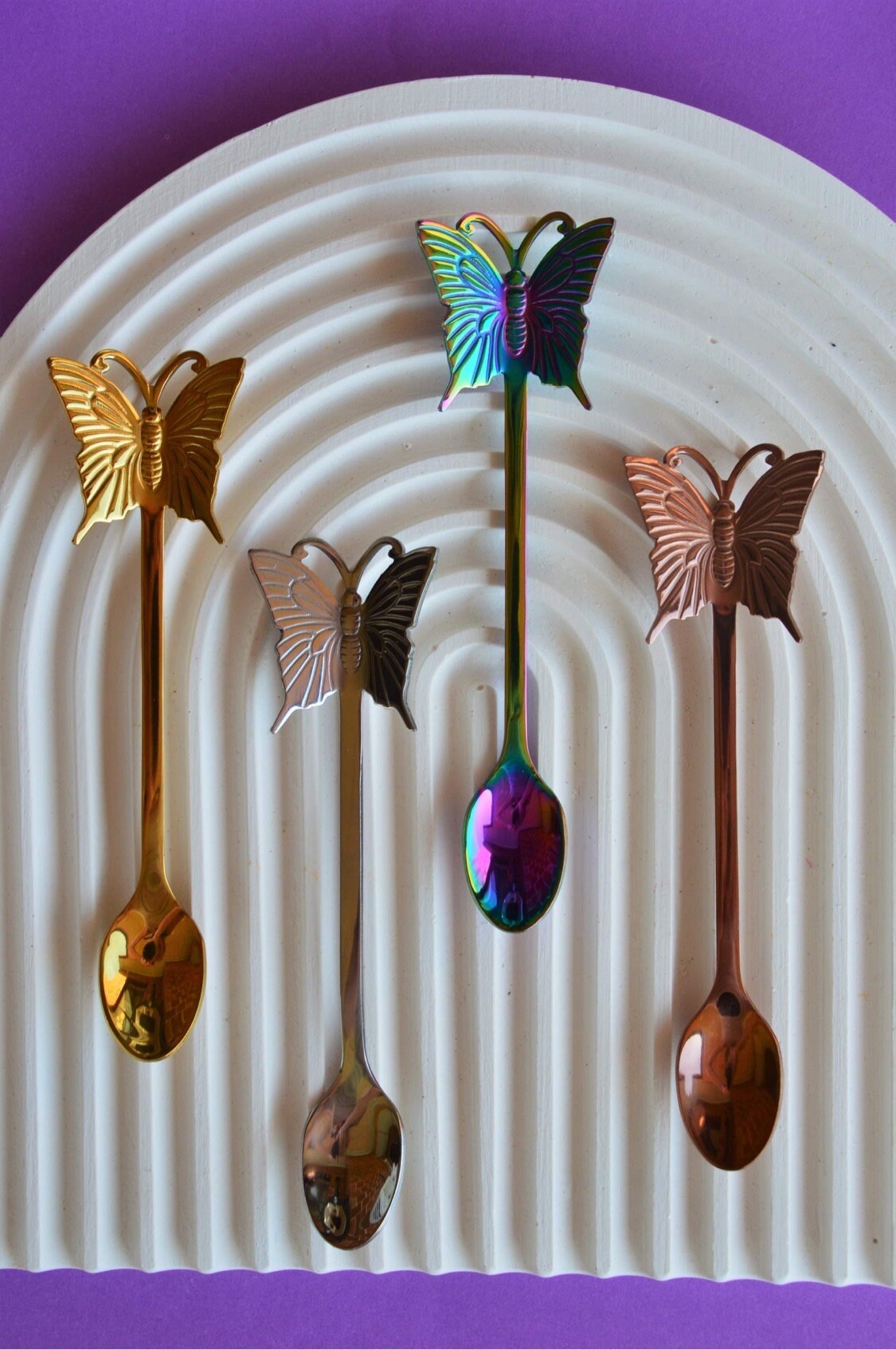 Butterfly sprinkle spoons teaspoon baking drinks food eating kitchen gold silver rose gold multicolored rainbow pretty accessory beautiful
