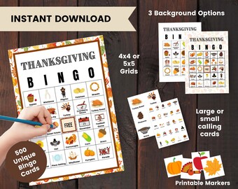 Thanksgiving Bingo Printable | Children Thanksgiving Party Game | 500 Unique Cards