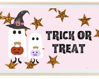 May include: Two white ghosts with black eyes and mouths, wearing witch hats and holding jack-o'-lantern buckets, on a pink background with gold glitter stars. The text "TRICK OR TREAT" is written in black letters.