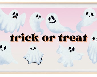 May include: A pink and white gradient background with the text "trick or treat" in black letters. There are eight white ghosts with different facial expressions on the background.