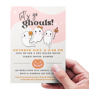 Zaproszenie na Halloween Pink Ghost Let&#39;s Go Ghouls Party Girly Cute Personalized Printable Download