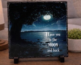 I Love You to the Moon Slate Rock Art: Moonlit Sky Design