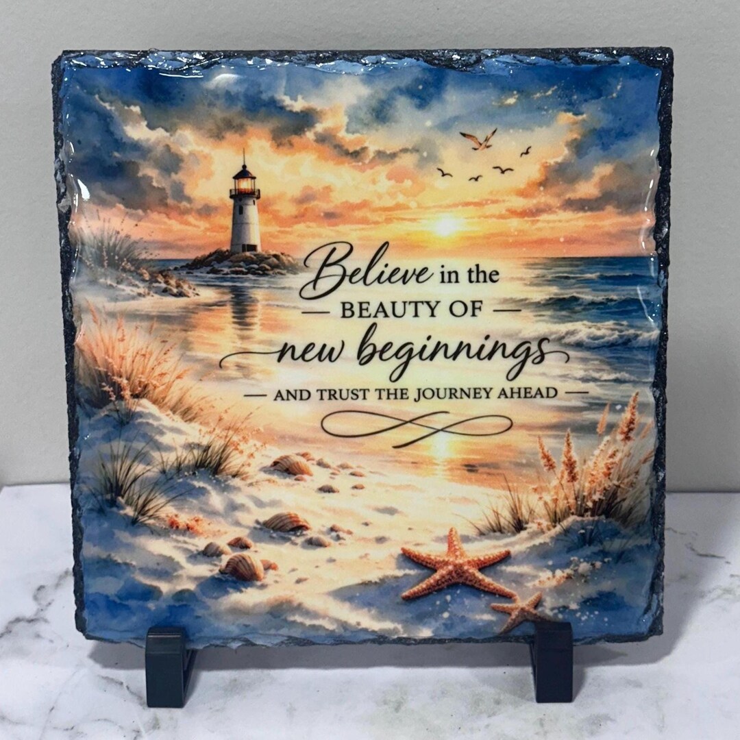 Lighthouse Beach Sunset Slate Sign – Believe New Beginnings Coastal ...