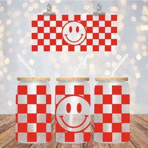 Smiley a cuadros rojos, vaso de lata Libbey de 16 oz, feliz, ideas de regalos, sublimación, vaso de vidrio, regalos, vaso con tapa, paja
