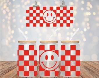 Rot karierter Smiley, 16 Unzen Libbey Dosenbecher, glücklich, Geschenkideen, Sublimation, Glasbecher, Geschenke, Becher mit Deckel, Strohhalm