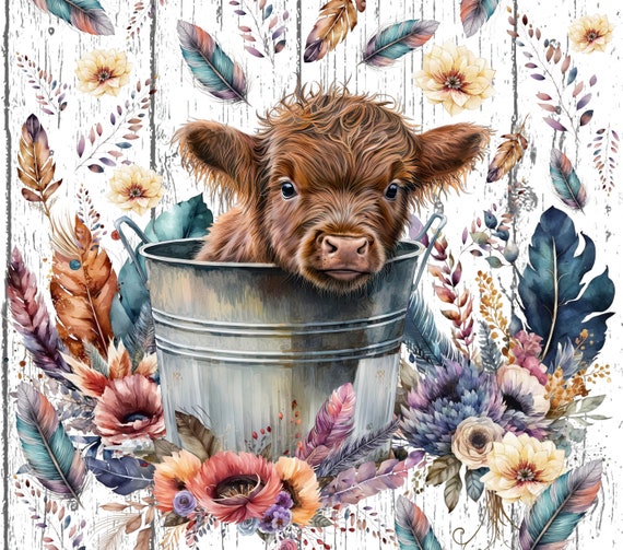 Baby Highland Cow in Bucket, Cow Lovers, Baby Cow, Flowers