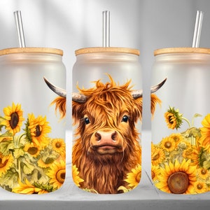 Baby Higland Cow, 16oz Libbey Can Tumbler, Gift Ideas, Sublimation, Bridal Shower Gift, Christmas Gift, Glass Tumbler Cup, Lid & Straw
