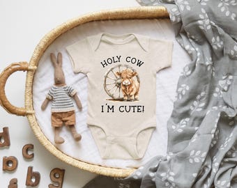 Holy Cow I'm Cute, Clothes, Baby Gift, Baby Shower, Cute Onesie, Wagon Wheel, Gender Neutral, Cow Onesie, Highland Cow, Adorable, Oatmeal
