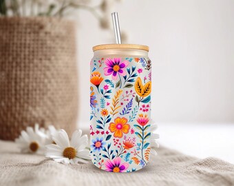 Vaso de vidrio con sublimación floral, tapa y pajita de bambú, 16 oz