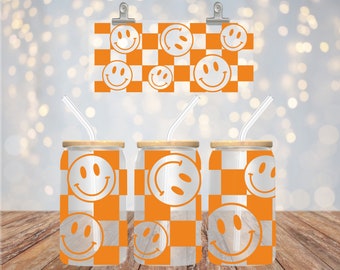 Karierter Smiley, 16oz Libbey Dose, Orange, Happy, Geschenkideen, Einfach, Sublimation, Glasbecher, Geschenke, Becher Tasse mit Deckel, Stroh