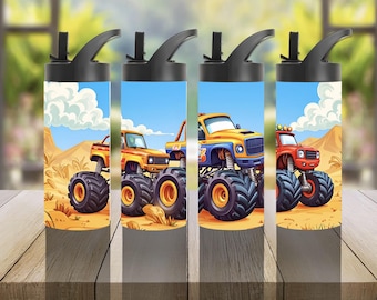 Monster Trucks Tumbler, Monster Truck Gift, 16oz Stainless Steel Tumbler, Pop up lid, Gift for Kids, Cute, Boys Cup, Big Wheels, Boys Gift
