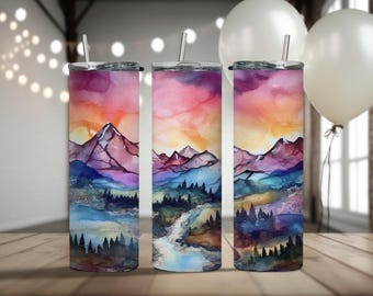 Beker berglandschap, zonsondergang, bergen, aquarel, kleurrijk, mooi, roestvrij staal, 20oz, magere beker, cadeau voor haar, plastic rietje
