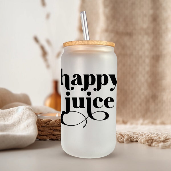 Simple Happy Juice, 16oz Libbey Can Tumbler, Gift Ideas, Sublimation, Glass Tumbler Cup, Cute, Funny, Tumbler Cup with Lid & Straw