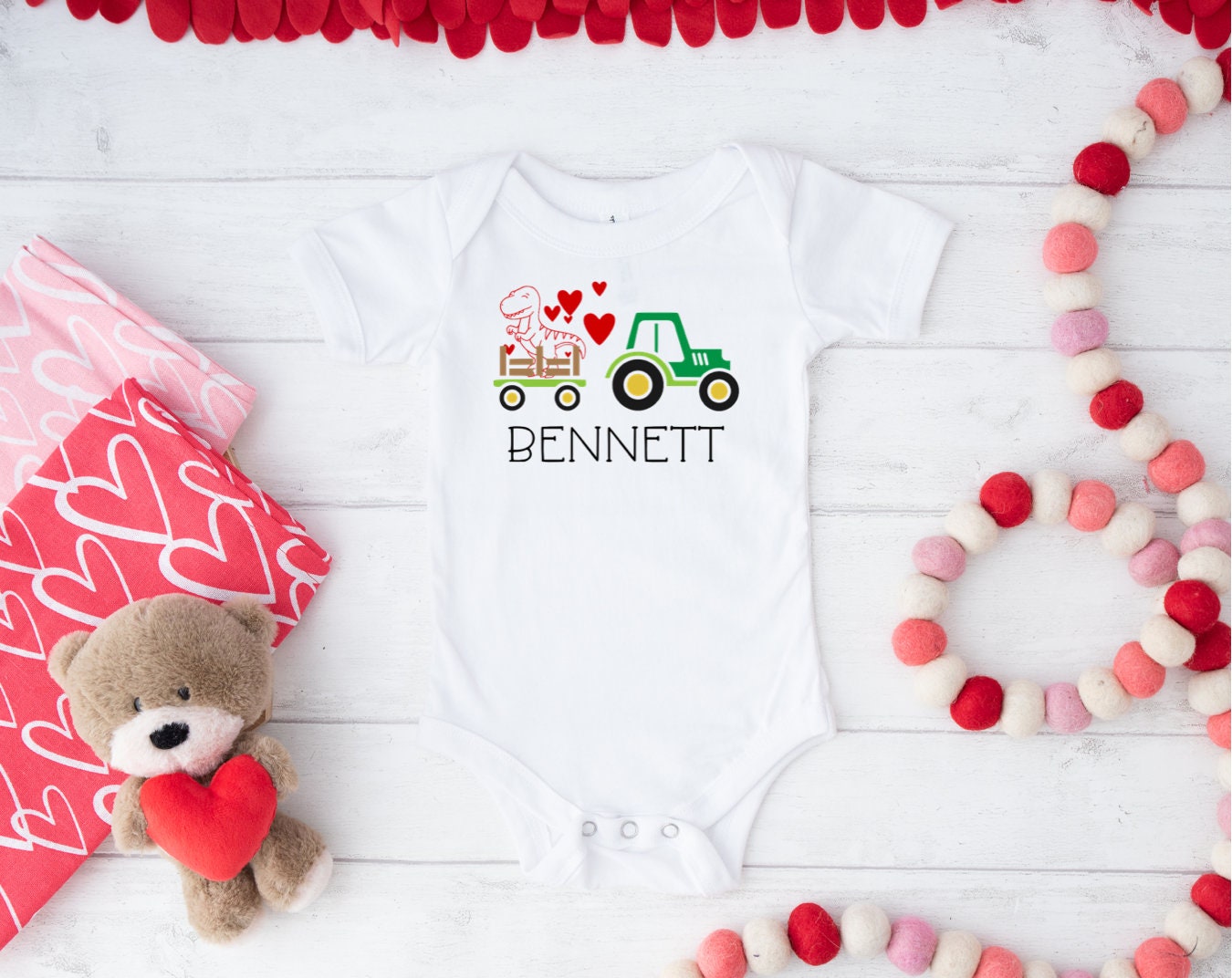 Dinosaur Tractor Valentine Onesie, Custom Onesie, Name Onesie