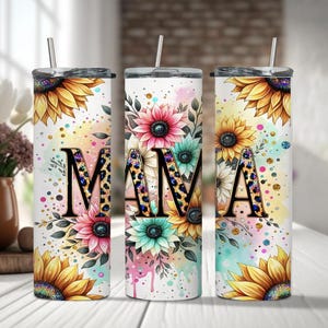 Mama Tumbler, Floral, Pink, Sunflowers, Leopard Print, Glitter, Pretty, Stainless Steel, 20oz, Skinny Tumbler, Gifts for Her, Mama Cup