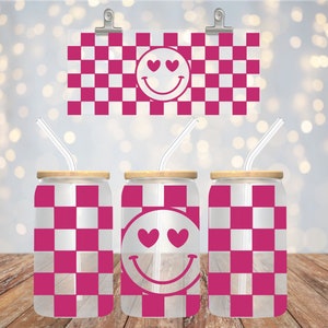 Ojos de corazón sonrientes a cuadros, vaso de lata Libbey de 16 oz, rosa, feliz, ideas de regalos, simple, sublimación, vaso de vidrio, vaso con tapa