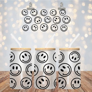 Line Smiley Face, Vaso de lata Libbey de 16 oz, Ideas de regalos, Sublimación, Vaso de vidrio, Lindo, Sonrisa, Simple, Vaso con tapa y pajita