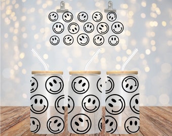 Line Smiley Face, 16oz Libbey Can Tumbler, Gift Ideas, Sublimation, Glass Tumbler Cup, Cute, Smile, Simple, Tumbler Cup with Lid & Straw